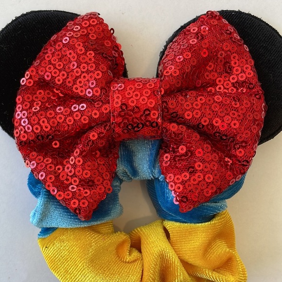 Mickey Mouse Ears Scrunchie Ponytail Holder with Sequins - Blue/Yellow w/Red Bow - Picture 2 of 6